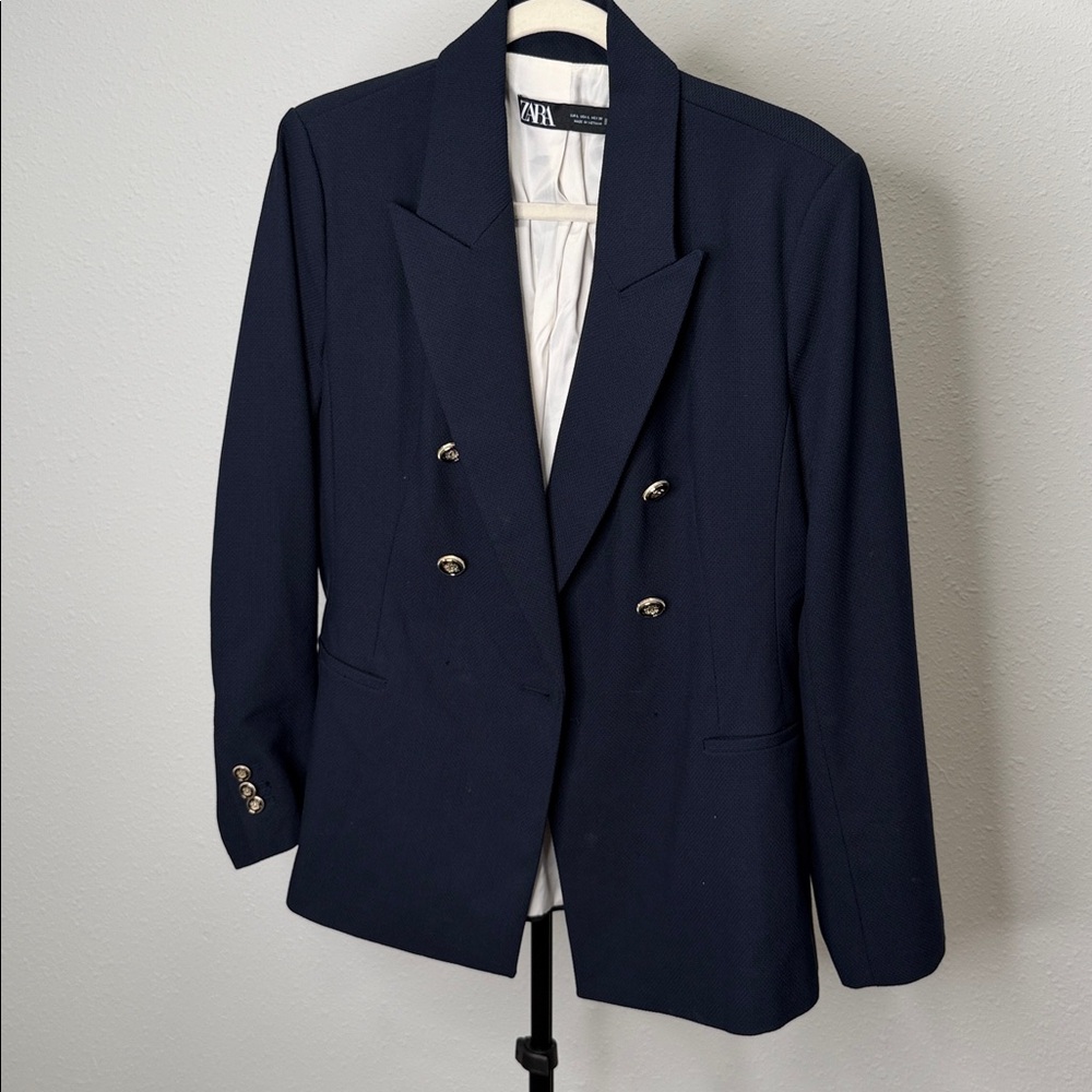 Zara Navy Blue Double-Breasted Blazer